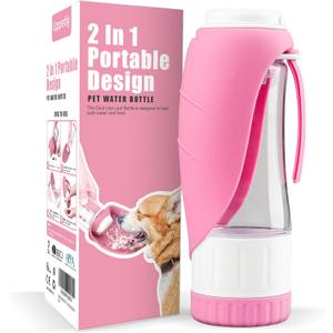 Dog Water Bottle, Pet Water Bottle with Food Container and Drinking Feeder, Leak Proof, BPA-Free, Portable Foldable Puppy Water Cup Dispenser for Outdoor Walking, Travel, Hiking Small Pink