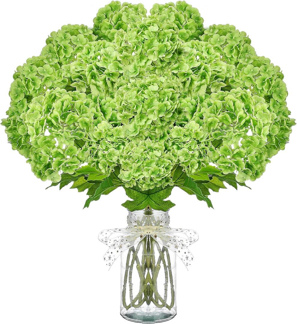10 Pcs Faux Latex Hydrangea Flower 2 Stems 26.4 '' Fake Hydrangea Flowers Real Touch Long Stem Artificial for Vase Bedroom Decoration Indoor Outdoor Wedding(Green)