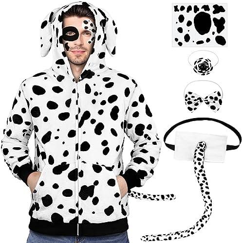 AOTHSO Men's Dalmatian Dog Hooded Sweatshirt Halloween Costume Front Zip Hoodie with Pockets Tail Tatoo Stickers, XL