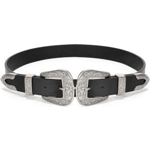 XZQTIVE Women Leather Belt Ladies Vintage Western Belt Retro Cowgirl Leather Belt Black Waist Belt for Pants Jeans Dresses (M: Fit Waist Size 28-30 Inches)