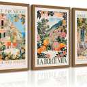 Italy Amalfi Coast Wall Art Decor Vintage Italian City Canvas Painting Tuscan Italy Travel Landscape Poster Mediterranean Pictures Lemon Prints Beach Artwork for Kitchen Bedroom 16x24 Inch Wood Framed