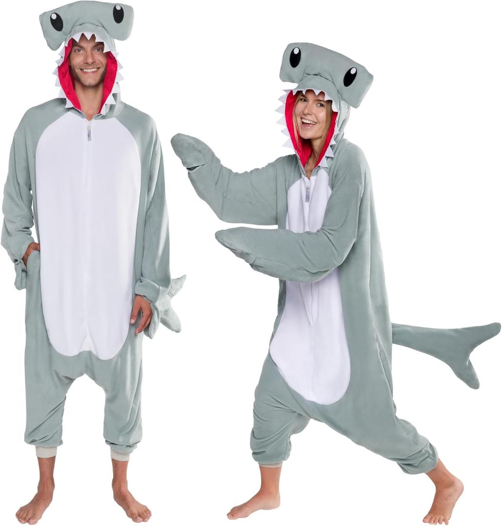 Funziez! Sea Creatures Onesie Lobster, Clown Fish, Hammerhead Shark, Octopus, Squid - Plush Adult Animal Costume Jumpsuit (Small, Grey)