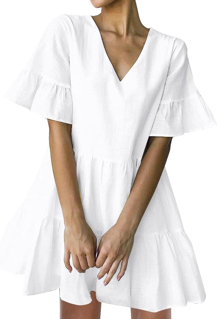 FANCYINN Womens V Neck Cute Shift Dress with Pockets Bell Sleeve Ruffle Hem Loose Swing Summer Tunic Mini Dress (Small, White)