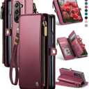 Defencase Wallet Case Compatible with Samsung Galaxy Z Fold 6 with RFID Blocking Card Holder & S Pen Holder Slot PU Leather Magnetic Snap Flip Zipper Strap Phone Case Fit for Galaxy Z Fold 6, Wine Red