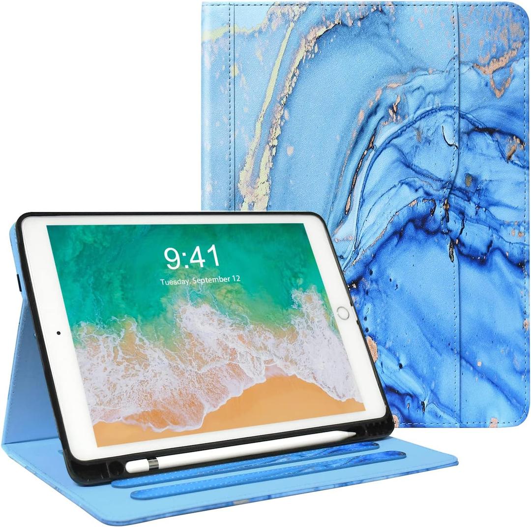 for iPad 6th 5th Generation Cases 2018/2017, iPad Air 2 Case 2014, iPad Air 2013, iPad Pro 9.7 inch Case 2016 with Pencil Holder, Leather Folio Cover for Kids, Women, Men, Marble Blue | 2018/2017, 2014, 2013, 2016, with Pencil Holder, for Kids