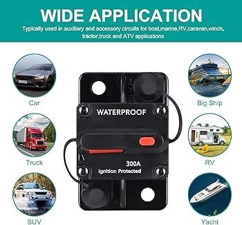 Bolipoeq 300Amp Circuit Breaker DC 12V-48V for Marine Boat Trolling Motor Automotive RV Trailer Car Solar System Battery Disconnect with Manual Reset Switch, IP67 Waterproof 1 Pack