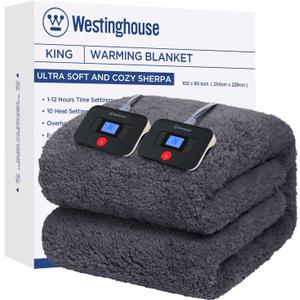 Westinghouse Electric Blanket King Size, Soft Plush Sherpa Heated Blanket with 10 Heating Levels & 1-12 Hours Auto-Off, Machine Washable, 100x90 inches, Darkgrey