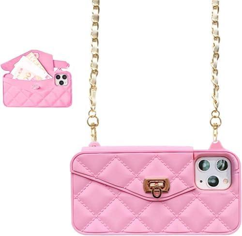 UnnFiko Wallet Phone Case Compatible with iPhone 16 Pro Max, Cute Light Luxury Bag Design, Purse Flip Card Pouch Cover Soft Silicone Case with Handstrap Long Shoulder Strap (Pink, iPhone 16 Pro Max)