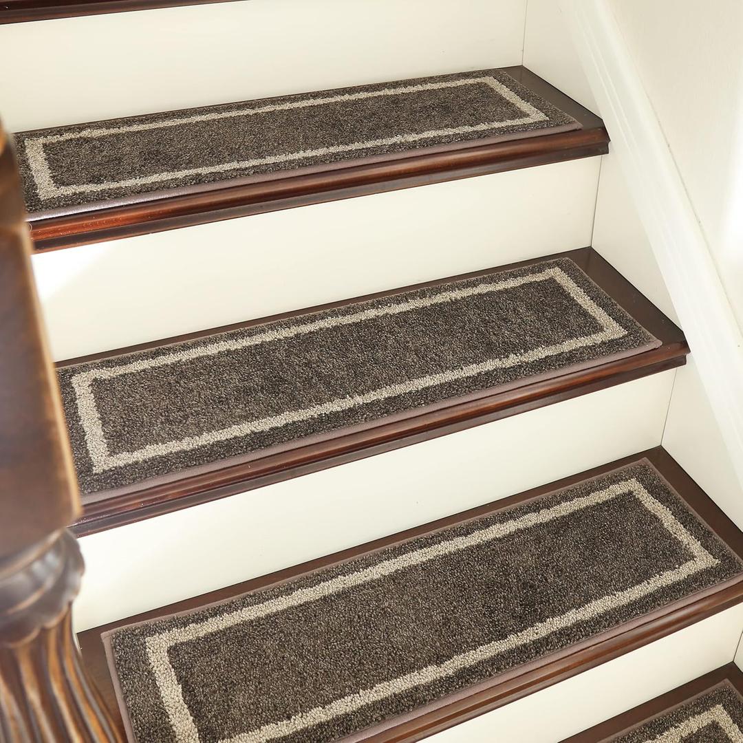 COSY HOMEER Soft Stair Treads Non-Slip Carpet Mat 28inX9in Indoor Stair Runners for Wooden Steps,Stair Rugs for Kids and Dogs, 100% Polyester TPE Backing 4pcs,Brown,Square
