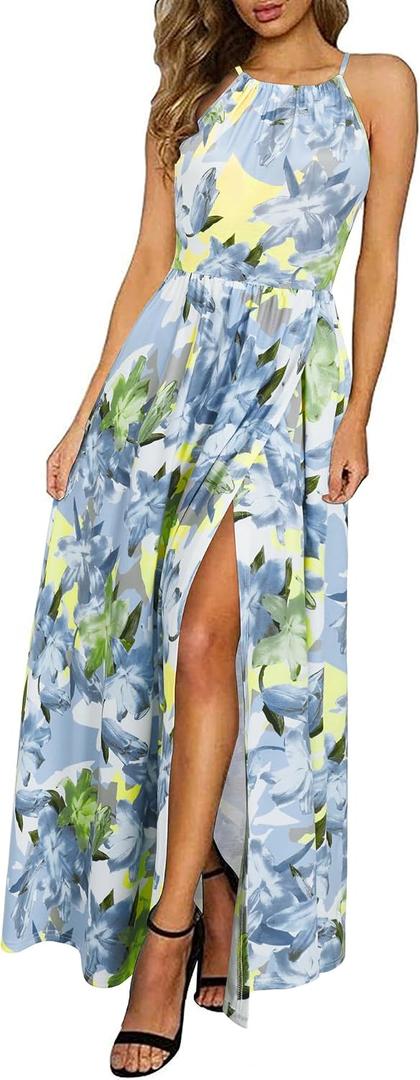 KILIG Women's Summer Floral Beach Flowy Split Maxi Long Dresses (White, XL)