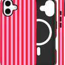 Magnetic for iPhone 17 Case Cute Stripes Phone Case, Shockproof Slim TPU and Hard PC Protective Phone Cover Compatible with MagSafe Designed for Women Girls, Pink and White