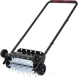 Push Spike Aerator, Heavy Duty Lawn Aerator with 4 Wheels, Rolling Manual Yard Tool with Weight Tray and Steel Handle for Compacted Soil, Garden and Grass Maintenance (18.5-Inch)