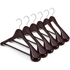HOUSE DAY Wood Suit Hangers for Men, Wide Shoulder Wooden Hangers with Non Slip Pants Bar, Smooth Retro Finish 360 Swivel Hook Solid Wood Coat Hangers for Heavy Clothes Hanger 6 Pack (Cherry Wood)