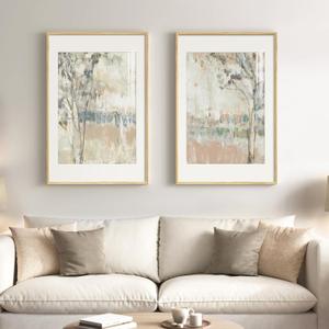 Framed Neutral Abstract Landscape Wall Art for Bedroom, Set of 2 Tree Canvas Large Artwork for Living Room Walls, Modern Nature Scenic Paintings Prints for Office Hallway Home Wall Decor, 20x30 Inch (2 Piece with Mat-Landsacpe)