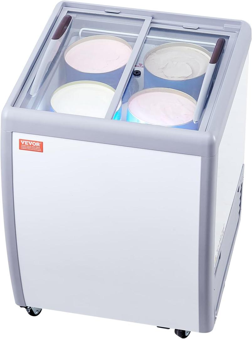 VEVOR Commercial Ice Cream Display Case, 5.6 Cu.ft Chest Freezer, Mobile Glass Top Deep Freezer, Restaurant Gelato Dipping Cabinet, 2 Sliding Glass Doors, Locking Casters, White