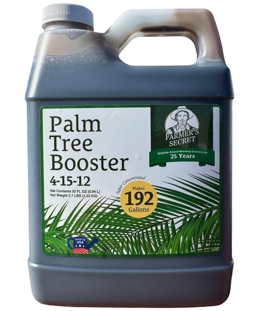 Farmer's Secret Palm Tree Booster Fertilizer - Super Concentrated 4-15-12 Formula - Formulated for All Types of Palm Trees at All Life Stages - Outdoor and Indoor/Container Trees (32oz)