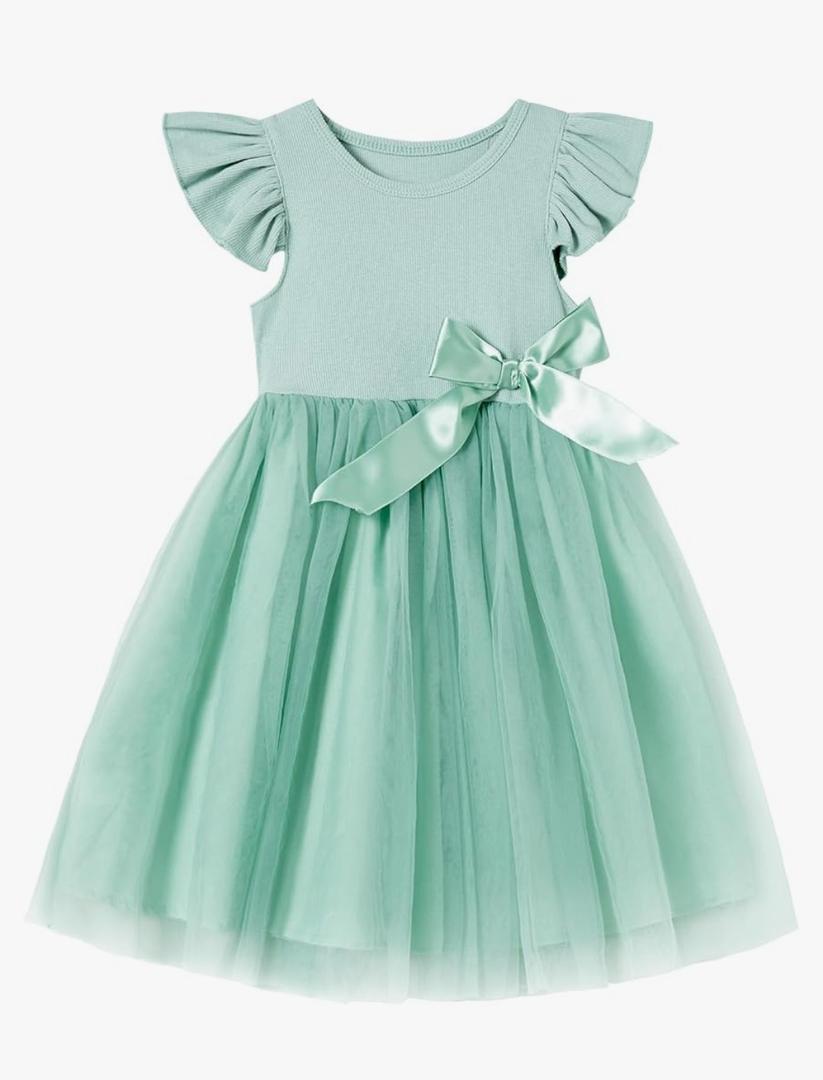 Toddler Girls Ruffle Sleeve Tulle Dress Elastic Waist Bow Kid Casual Sundress, 120