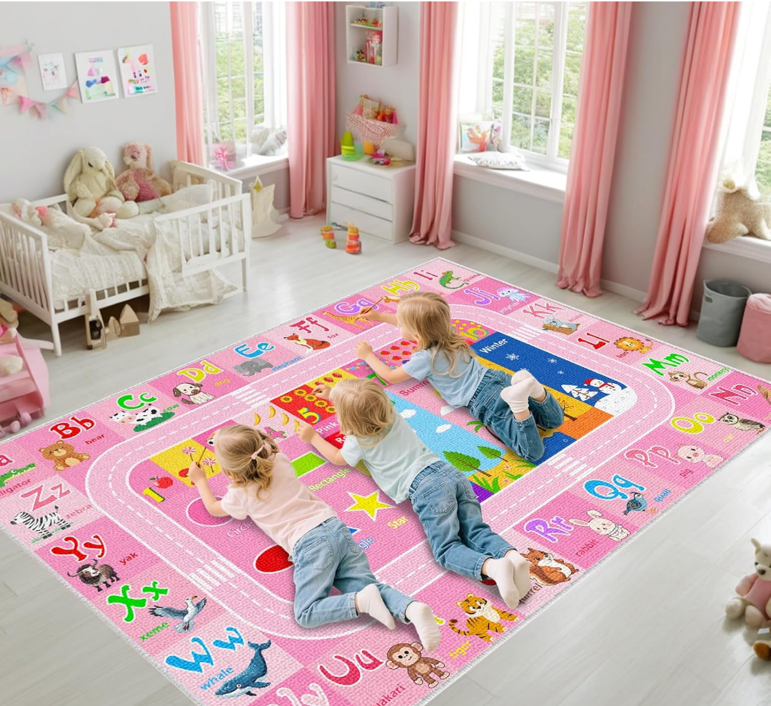 Kids Play Mat - Cartoon Kids Bedroom Rug Play Mat for Learning ABC Alphabet,Numbers,Animal,Colors,Season,Cute Classroom Rug for Children Girls Bedroom Decor,Pink,5x7 Feet