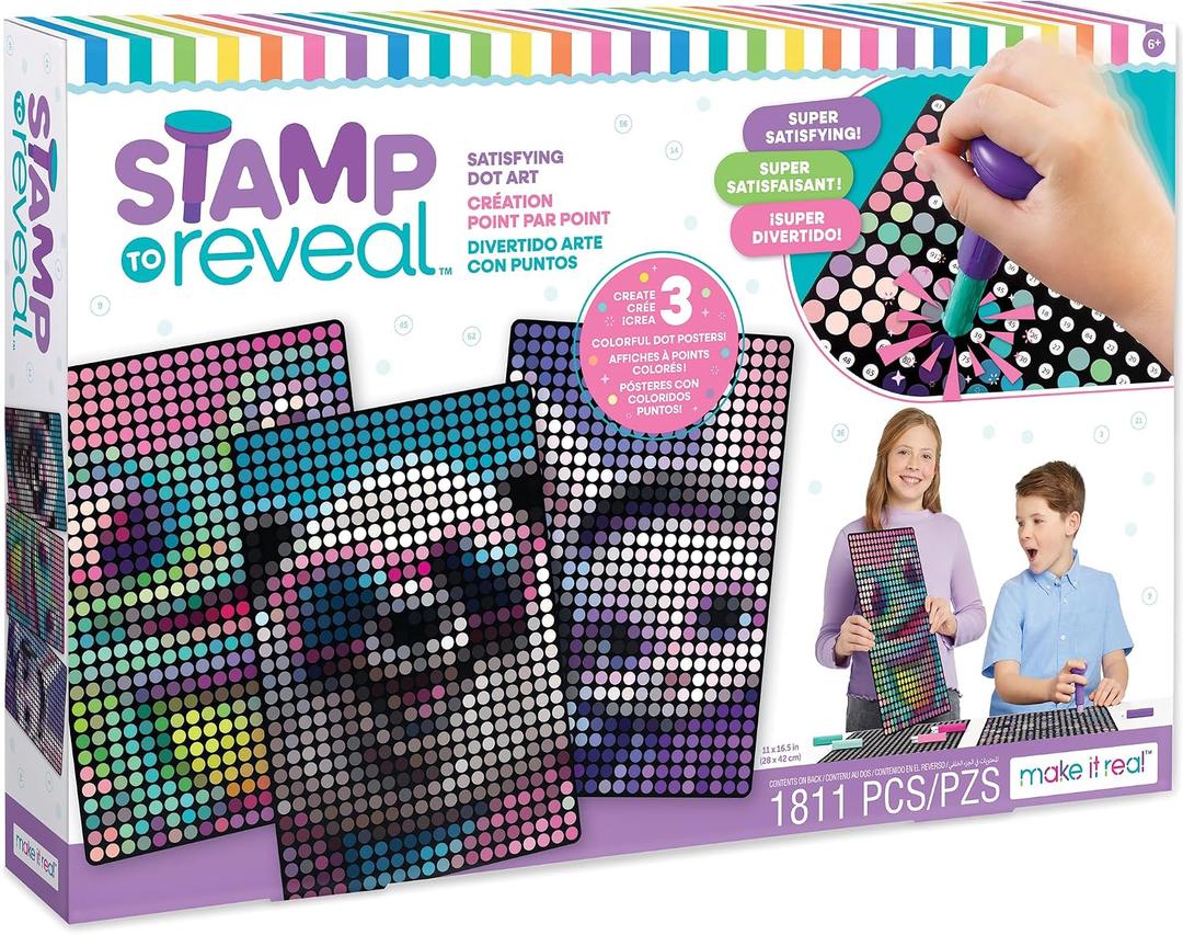 Make It Real Stamp to Reveal DIY Dot Posters, 1 Stamper per kit & 3 Dot Posters |Craft Kit, Artwork Activity, Girls & Kids Ages 6 Bunny, Frog, Panda, Small