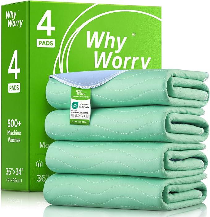 WhyWorry Washable Bed Pads for Adult Incontinence, 34" x 36" (Pack of 4) Washable Pee Pads for Bed Wetting, Heavy Absorbency Reusable Underpads for Elderly & Kids, Waterproof Mattress Protector, Green