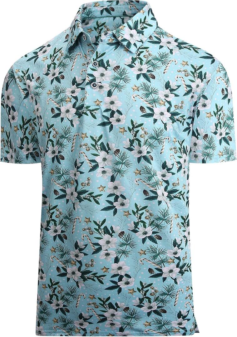 Damipow Boys Golf Shirt Moisture Wicking Youth Polo Shirts Quick Dry Kid Collared Shirt (10 Years, Xmas Light Blue Candy)