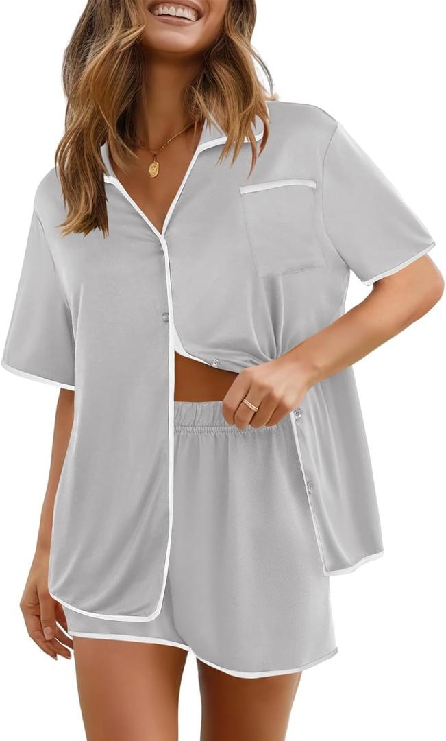 Ekouaer Pajamas Set for Women Short Sleeve Casual Sleepwear Button Down Pj Sets Shorts Soft Loungewear for Summer,(Medium, Light Grey)