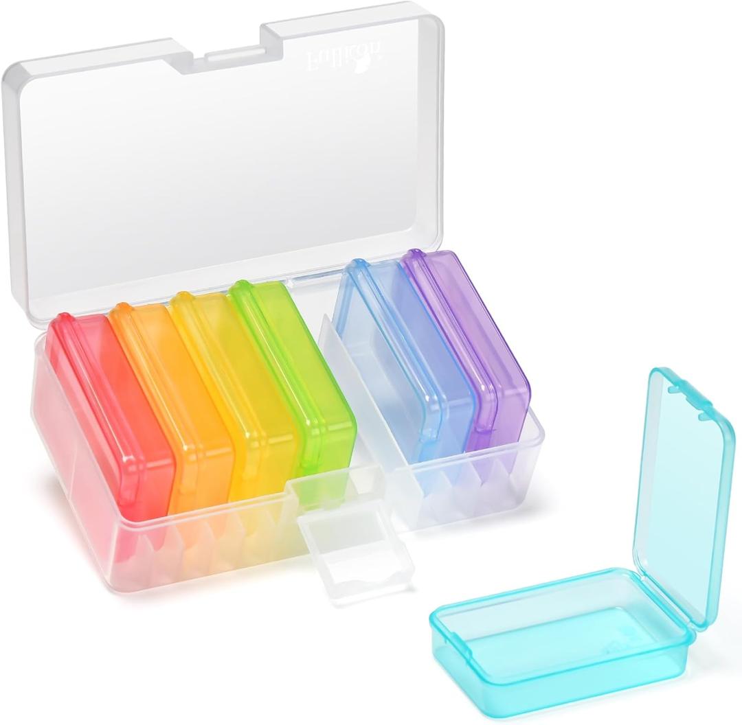 Fullicon Small Pill Case for Purse, Travel Medicine Pill Organizer, Weekly 7 Day Daily Pill Box, Pocket Pharmacy Pill Container Dispenser Holder with Labels (Clear Rainbow)