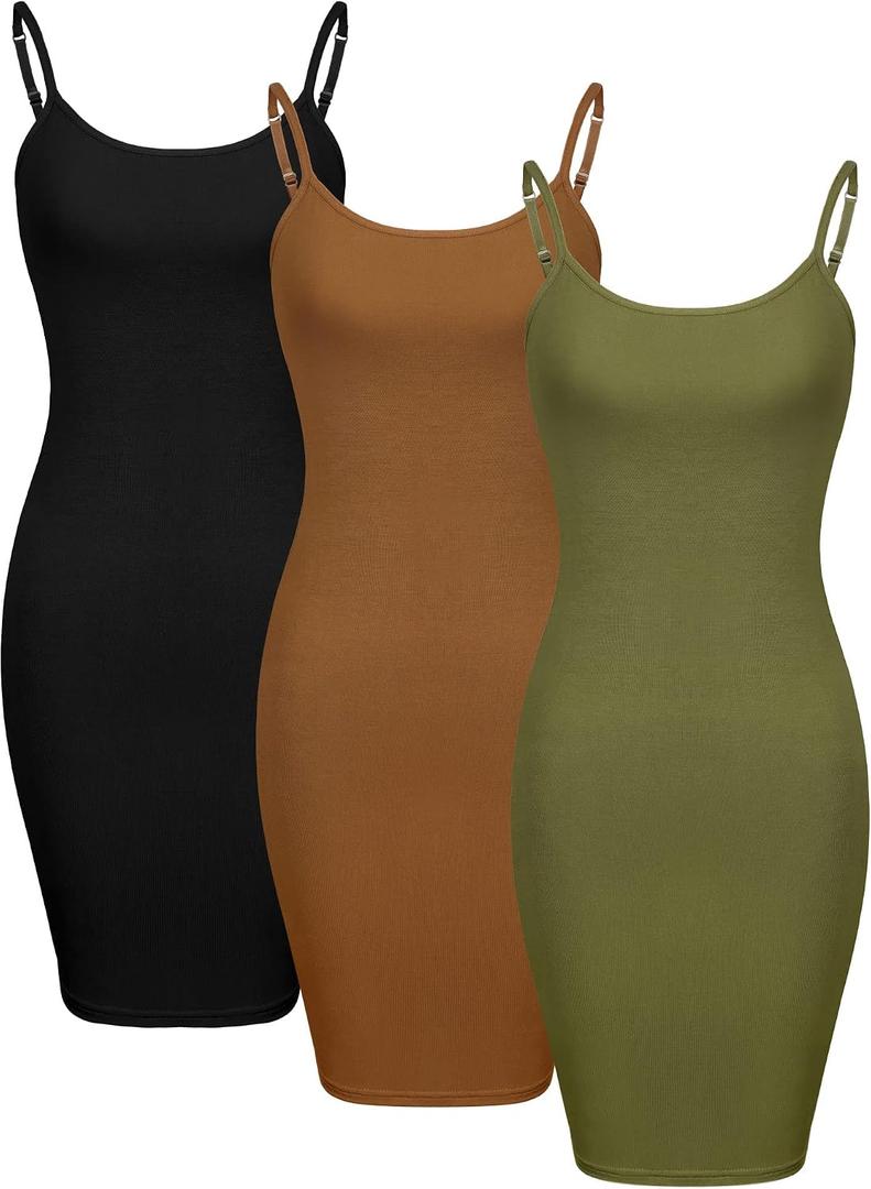 WILLBOND 3 Pieces Women's Basic Cami Long Tanks Dress Spaghetti Strap Slips for Under Dresses, Long Camisoles for Layering Medium