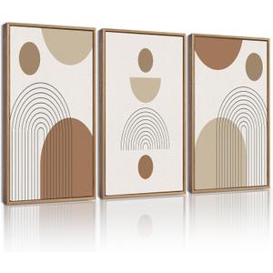 KUVIOKE Botanical Boho Framed Wall Art Modern Bohemian Plants Wall Decor Natural Brown Geometry Lines Prints Artwork for Living Dining Room 16x24in (Natural Framed) (24L" x 16W" x 3 Panels Natural)