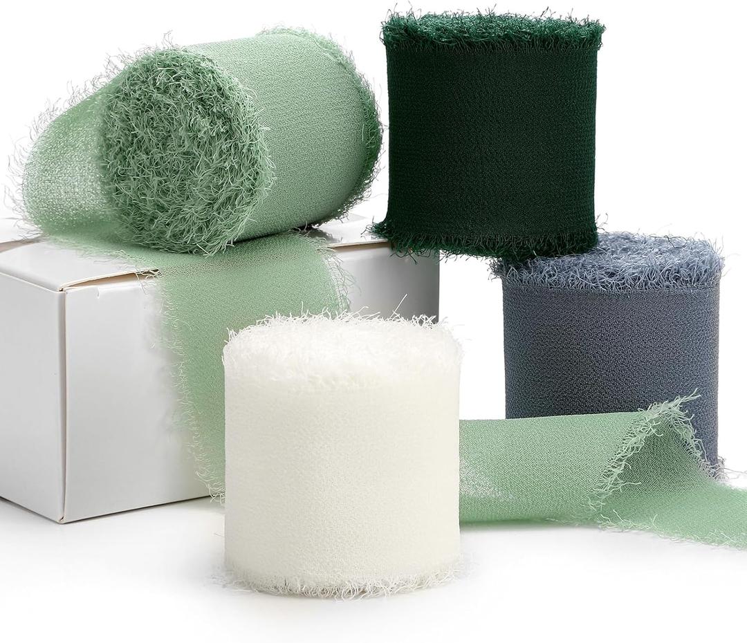 2 x YANGTE Handmade Chiffon Silk Ribbon Fringe 1.5 Inch x 4 Rolls Total 28 Yd Frayed Edges Ribbons for Gift Wrapping, Wedding Invitations, Bridal Bouquets, DIY Crafts, Home Decor (Ivory & Green & Blue)
