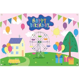 Happy Birthday Backdrop for Girl Boy Pig Theme 7x5ft Durable Fabric Birthday Backdrop for Girls Cartoon Ferris Wheel Rainbow Baby Shower Backdrop Decorations Photo Studio Photography Background (7x5ft, Pink)