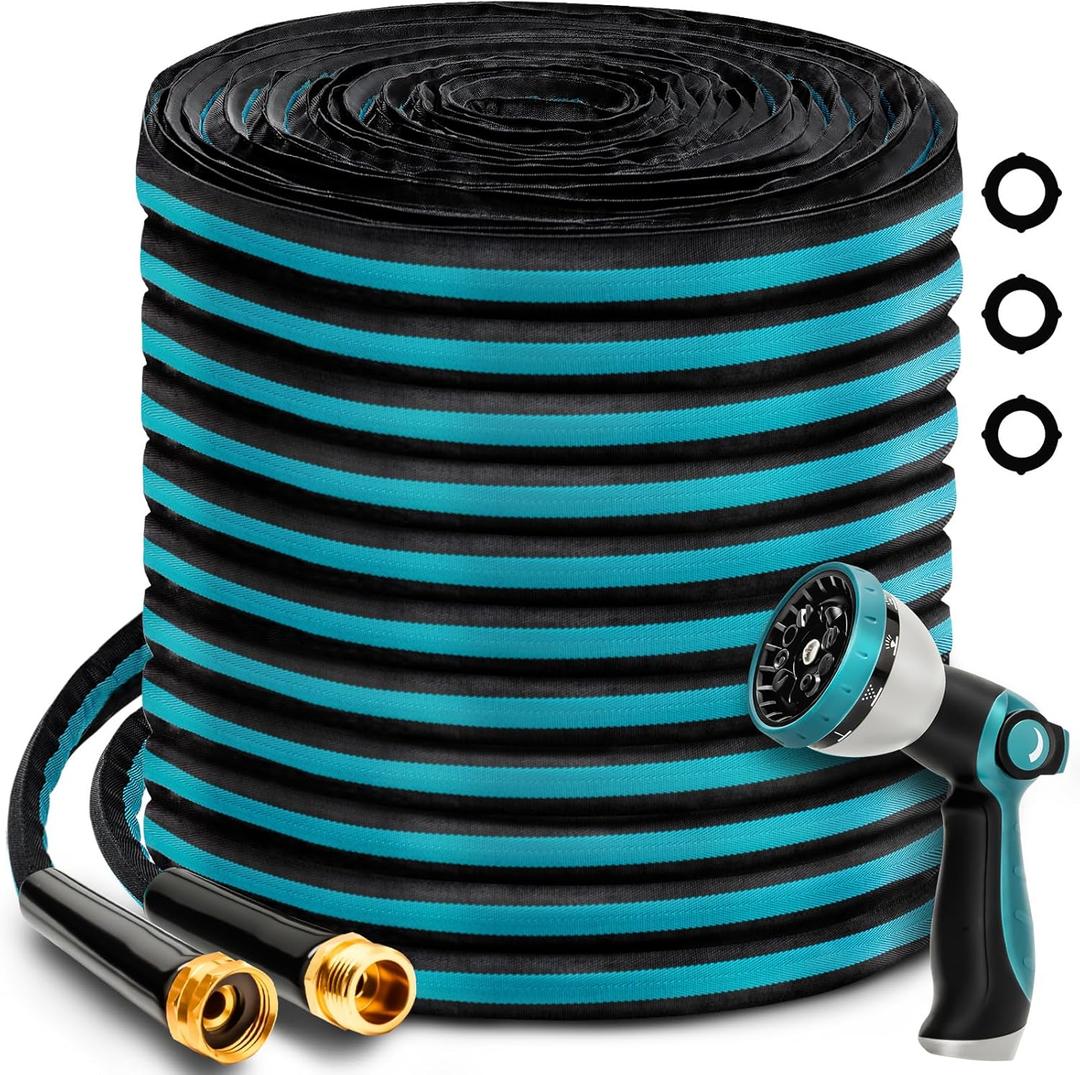 100FT Garden Hose, Non-Expandable Kink-Free Flexible Hose with 10 Spray Function Nozzle, Leakproof Lightweight 3/4 Brass Connector High Pressure Flat Water Pipe for Outdoor Yard Lawn (Blue and Black)