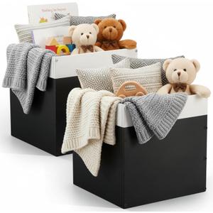 AceOrbit 2 Pack Black Wood Crates Wooden Storage Box, Modular Open Cube Bins 11x11x11 Inch Stackable Wooden Storage Bins with Handles for Closet Shelf Toy Book Clothes Home Office