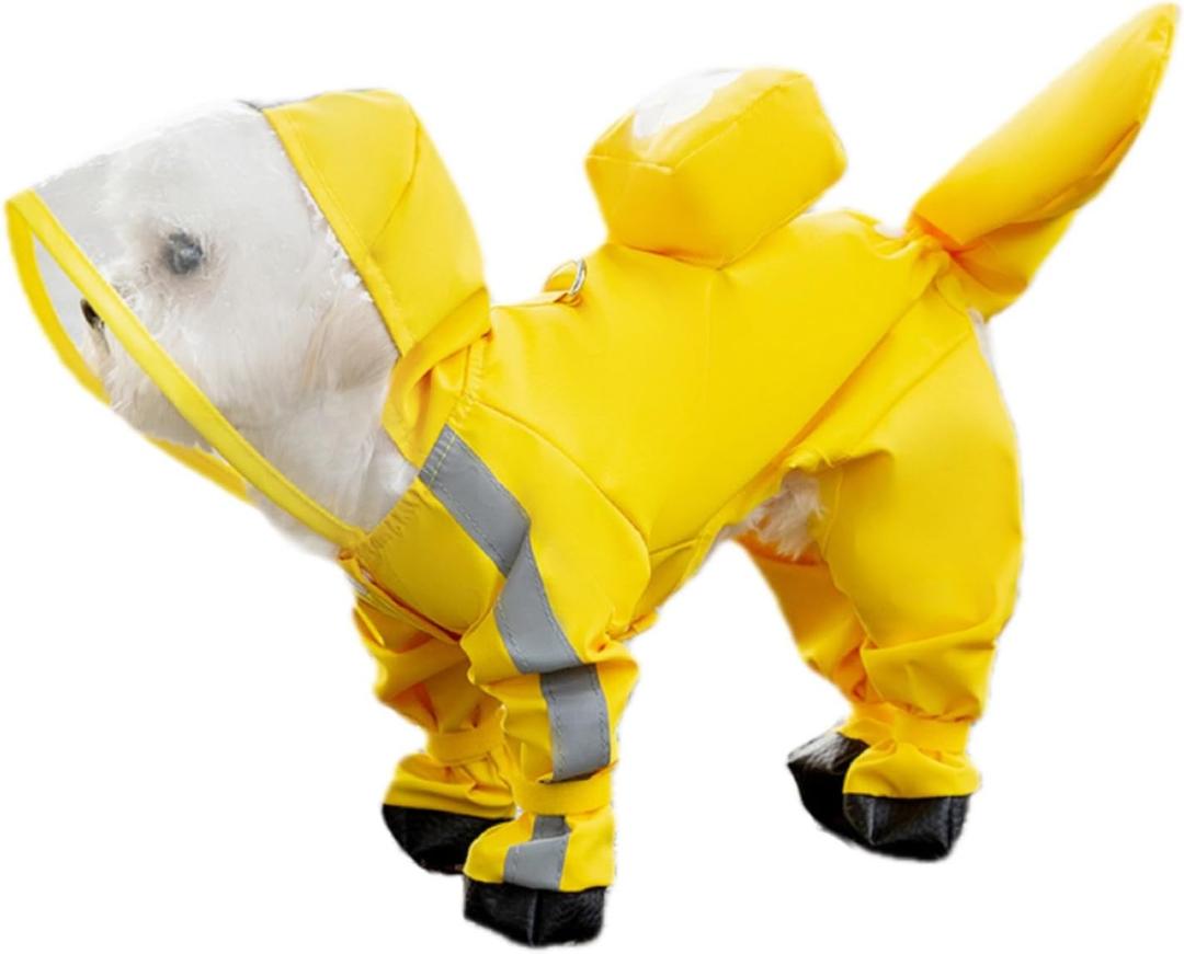 Waterproof Dog Raincoat,Full Coverage 4 Legs Dog Rain Jacket for Small Dogs,Pet Rain Coat with Hood,Reflective Strips&Leash Hole Outdoor Raincoat (X-Largefor Weight 11.1-14.6 lb, Yellow)