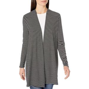 Amazon Essentials Women's Long-Sleeve Open-Front Long Cardigan (Black White Horizontal Stripe)