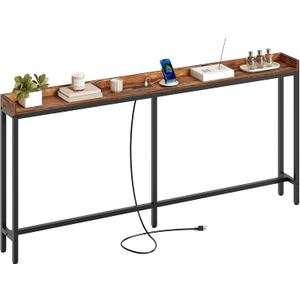 Narrow Console Table with Outlet, 70.9'' Entryway Table Behind Sofa, Long Sofa Table with Charging Station, Behind Couch Table for Entryway, Foyer, Hallway, Rustic Brown and Black CT06UBR