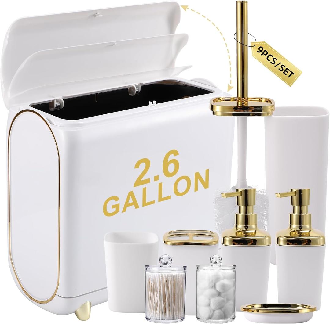 Bathroom Accessories Set, White Bathroom Set, Bathroom Accessory Set with Slim Can,Soap Dispenser,Toilet Brush,Toothbrush Set, Qtip Holders for Housewarming