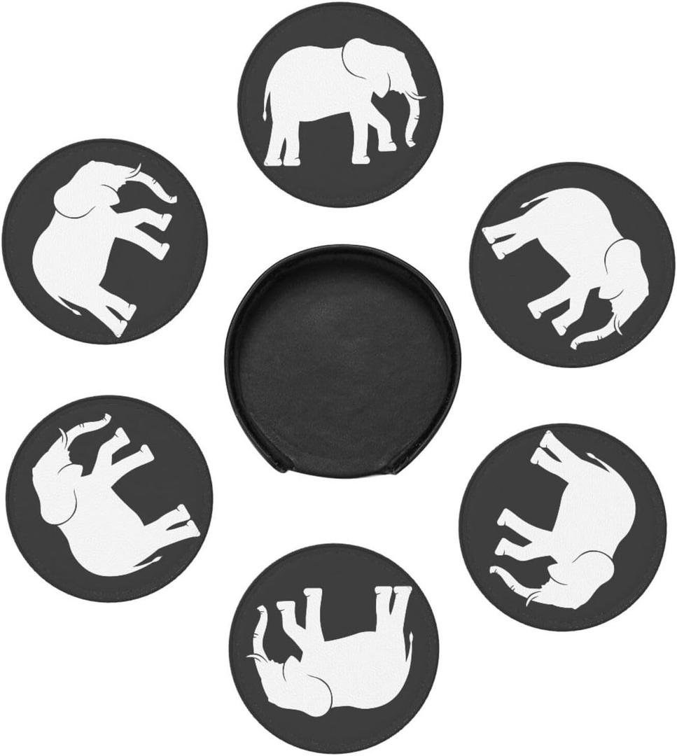 Black and White Elephant Leather Drink Coasters Set of 6 with Holder Round Cup Coaster for Table Decor (1)