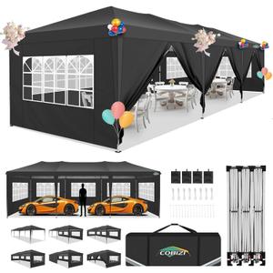 COBIZI 10x30 Pop Up Canopy Tent, 10x30 Outdoor Party Tent with 8 Removable Sidewalls, UPF 50+ Waterproof Portable Canopy for Parties, Commercial, Event with Carry Bag and 4 Sandbags (Black, 10'x30')