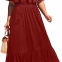 Plus Size Off The Shoulder Maxi Long Casual Layered Ruffle Beach Sundress Women Pocket 2024, Size 20W