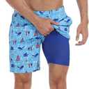 Mens Swim Trunks with Compression Liner, 7 Inch Inseam Stretch Quick Dry Swimsuit Swimming Short, Navy Flag Beach Board Shorts Built-in Swimwear Bathing Suit for Men Swimsuit, XX-Large