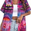 FRYAID Magic Shirt Women Magical Kingdom T-Shirt Funny Graphic Hawaiian Shirts Family Vacation Button Down Short Sleeve Tops 2XL