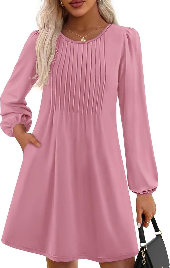 PRETTYGARDEN Fall Dresses for Women 2026 Long Sleeve Mini Short Flowy A Line Casual Holiday Party Tunic Dress Fashion Clothes (Pink, Large)