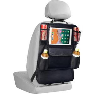 LUCMO Car Backseat Organizer with Touch Screen Tablet Holder,9 Storage Pockets Protectors Kick Mats Travel Accessories for Kids-Black (1 Pack)