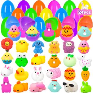 24 Pack Easter Eggs Filled with Mochi Squishy Toys ,Mochi Easter Egg Fillers Squeeze Stress Relief Toys Easter Basket Stuffers & Egg Hunt Prizes for Kids, Boys Girls