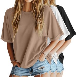 Riyiper 3 Pack Women's Oversized TShirt Half Sleeve Summer Tees Casual Loose Fit Crew Neck Basic Tops(Black, White, Khaki, Medium)