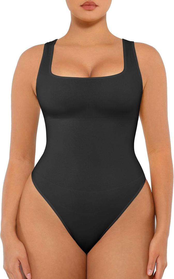 FeelinGirl Bodysuits for Womens Tummy Control Seamless Square Neck Compression Bodysuit Thong Bodysuit Black, Size: XL/ XXL
