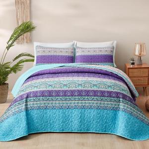 Xruibed Bohemian Quilt Set King,Purple Teal Boho Quilt Coverlet 3PCs Soft Microfiber Lightweight Bedspread with 2 Pillowcases for All Season (King Size 90"x104")