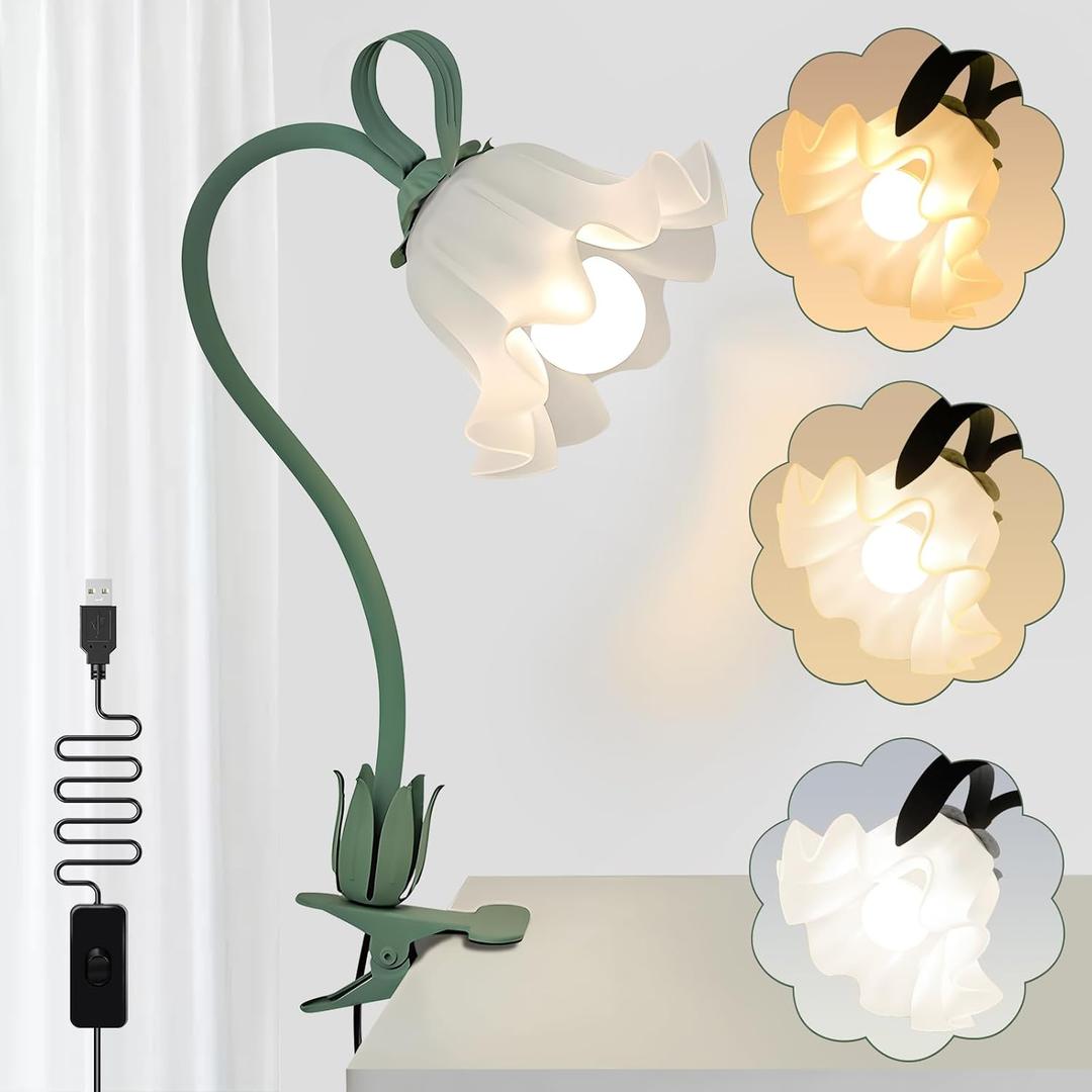 Clip On Light and Flower Bedside Table Lamp, Flexible Gooseneck Reading Book Light with 3 Color Modes, Night Light for Kids Nursery, Clip on for Desk, Bed Headboard, Dorm (Green-02)