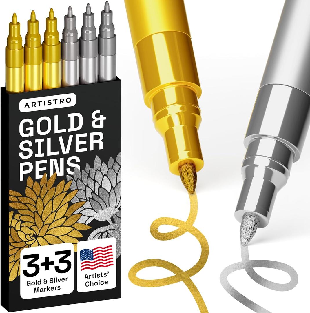 ARTISTRO 6 Gold & Silver Paint Pens - 0.7mm Extra-Fine Markers - Great for Greeting Cards, Ornament Decor, & More